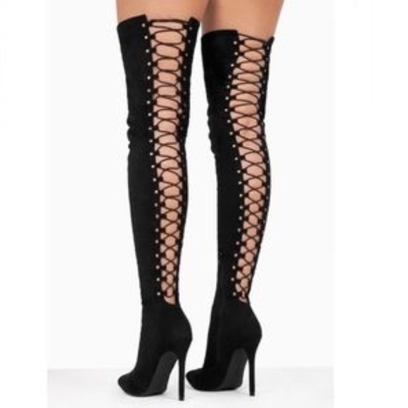 Stretchy Over the Knee Lace Up Boots in Black - Picture 8 of 16